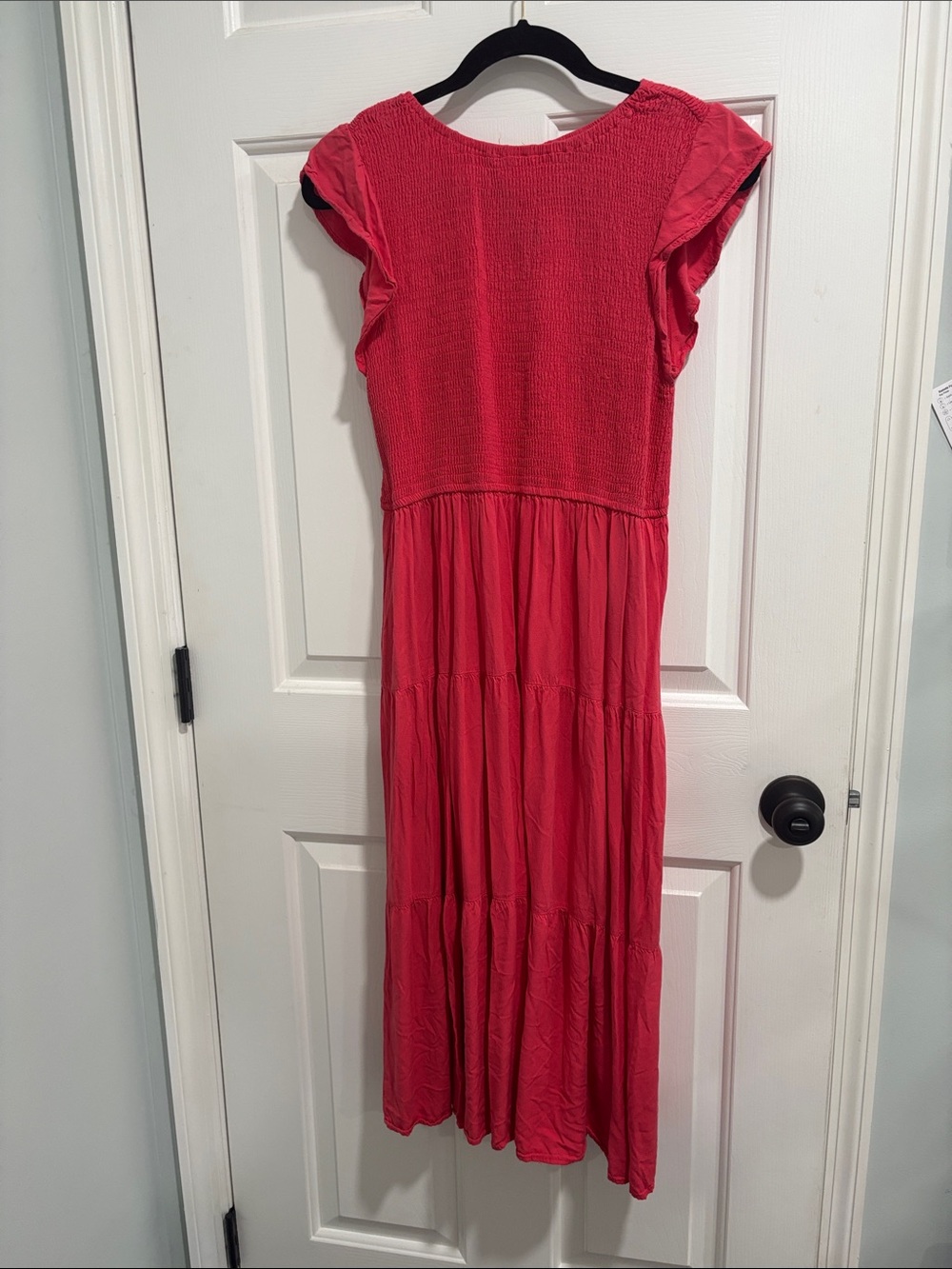 Women's Red Midi Tiered Dress with Smocked Bodice